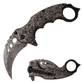 Black Damascus Karambit Knife Spring Assisted Folder Etched Design with Holes and Ring Claw Knives