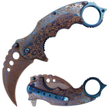 Blue Damascus Karambit Knife Spring Assisted Folder Etched Design with Holes and Ring Claw Knives