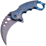 Blue Damascus Karambit Knife Spring Assisted Folder Etched Design with Holes and Ring Claw Knives