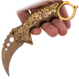 Gold Damascus Karambit Knife Spring Assisted Folder Etched Design with Holes and Ring Claw Knives