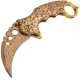 Gold Damascus Karambit Knife Spring Assisted Folder Etched Design with Holes and Ring Claw Knives