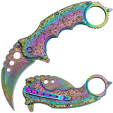 Rainbow Damascus Karambit Knife Spring Assisted Folder Etched Design with Holes and Ring Claw Knives
