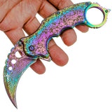 Rainbow Damascus Karambit Knife Spring Assisted Folder Etched Design with Holes and Ring Claw Knives