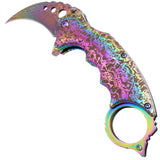 Rainbow Damascus Karambit Knife Spring Assisted Folder Etched Design with Holes and Ring Claw Knives