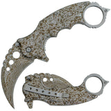 Silver Damascus Karambit Knife Spring Assisted Folder Etched Design with Holes and Ring Claw Knives