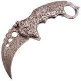 Silver Damascus Karambit Knife Spring Assisted Folder Etched Design with Holes and Ring Claw Knives