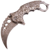 Silver Damascus Karambit Knife Spring Assisted Folder Etched Design with Holes and Ring Claw Knives
