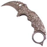 Silver Damascus Karambit Knife Spring Assisted Folder Etched Design with Holes and Ring Claw Knives