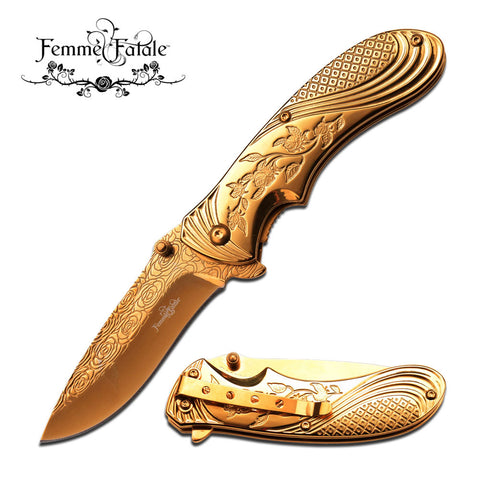 Femme Fatale Ladies Pocket Knife "Every Rose Has A Thorn"- GOLD