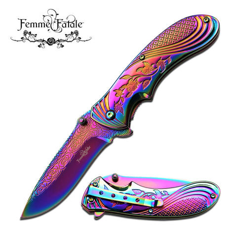 Femme Fatale Ladies Pocket Knife "Every Rose Has A Thorn"- RAINBOW