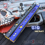 FrankenREP Butterfly Knife TITANIUM Balisong Black Purple G10 - (clone) Replicant Alt Blade Gold Liners BK PP STITCHED