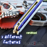 FrankenREP Butterfly Knife TITANIUM Balisong Purple White G10 - (clone) Replicant Tanto Blade Gold Liners PP WH STITCHED