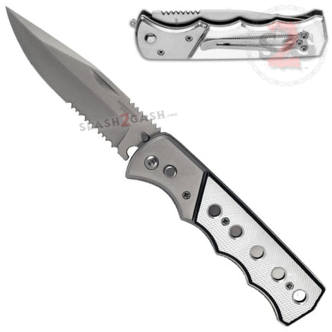 Silver Tactical Grip Automatic Knife Serrated w/ Saftey Lock - Switchblade