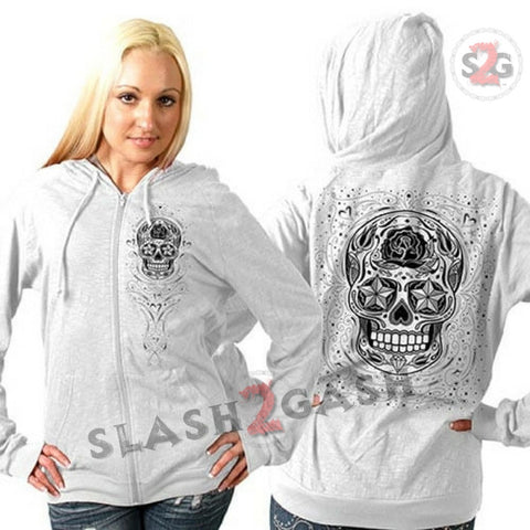 Hot Leathers Womens Sugar Skull Lightweight Slubby Hooded Sweatshirt