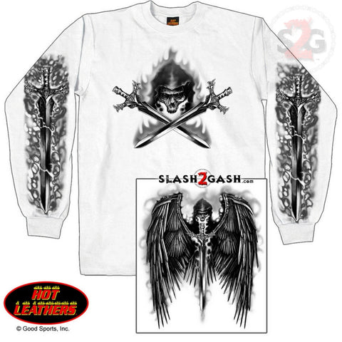 Hot Leathers Reaper Wings Long Sleeve Tee Double Sided Skull & Swords