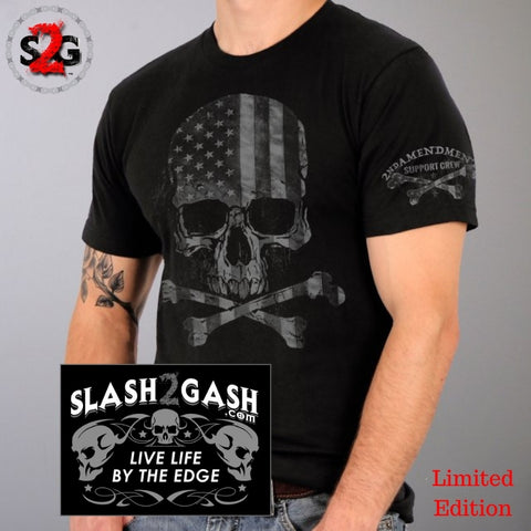Faded Flag Skull T-Shirt 2nd Amendment Support Crew Sleeve Print Crossbones Custom slash2gash S2G
