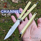 Tachyon 3 Balisong Clone Butterfly Knife Channel w/ Adjustable Spring Latch Desert Tan - Polished Chrome Blade
