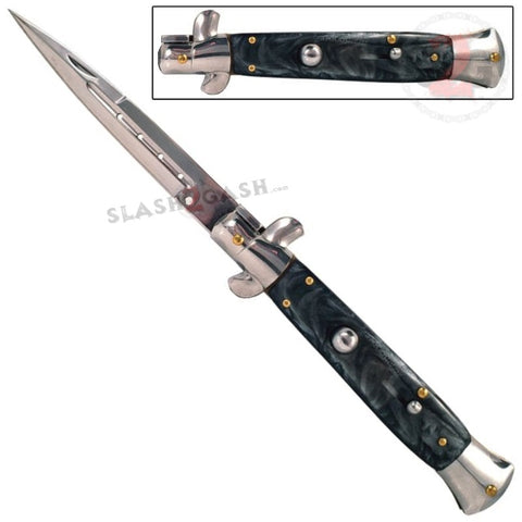 10" Grande Godfather Stiletto Automatic Knife Classic Switchblade - Black Marble