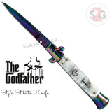 The Godfather Italian Stiletto Automatic Knife Classic Mafia Switchblade - Titaninium Rainbow White Pearl Acrylic Marble