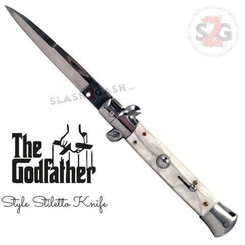Godfather Stiletto Automatic Knife Classic Switchblade - White Marble Acrylic Pearl