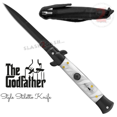 Italian Stiletto Style Switchblade Knife Automatic Classic Godfather Knives - Black White Pearl Handle (BEST Spring)