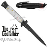 Italian Stiletto Style Switchblade Knife Automatic Classic Godfather Knives - Black White Pearl Handle (BEST Spring)