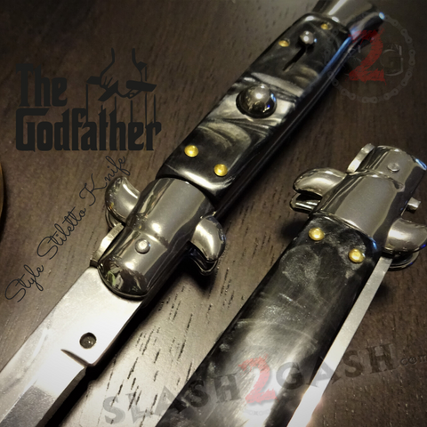Godfather Stiletto Knife Italian Style Classic Switchblade Automatic Knives - Marble Black Pearl (UPGRADED Spring) slash2gash S2G