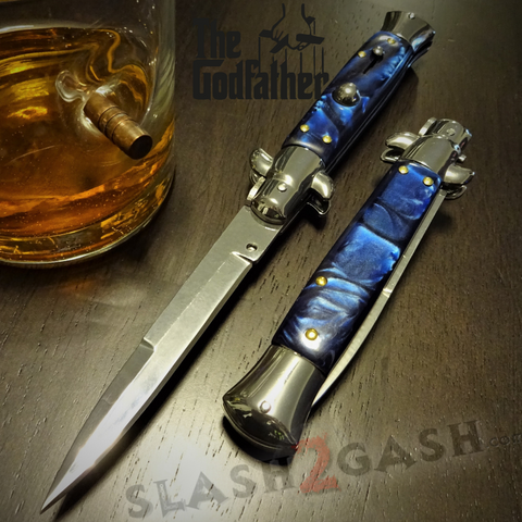 Godfather Stiletto Knife Italian Style Classic Switchblade Automatic Knives - Marble Blue Pearl (UPGRADED Spring)