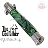 Godfather Stiletto Knife Automatic Classic Italian Style Switchblade Knives - Marble Green Pearl Handle (BEST Spring)