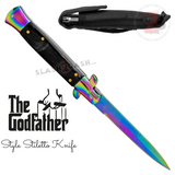 Godfather Stiletto Knife Automatic Classic Italian Style Switchblade Knives - Titanium Rainbow Marble Black Pearl (BEST Spring)