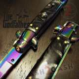 Godfather Stiletto Knife Automatic Classic Italian Style Switchblade Knives - Titanium Rainbow Marble Black Pearl (BEST Spring)