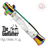 Godfather Stiletto Knife Automatic Classic Italian Style Switchblade Knives - Titanium Rainbow Marble White Pearl (BEST Spring)