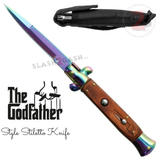 Godfather Stiletto Knife Automatic Classic Italian Style Switchblade Knives - Titanium Rainbow Rosewood (BEST Spring)