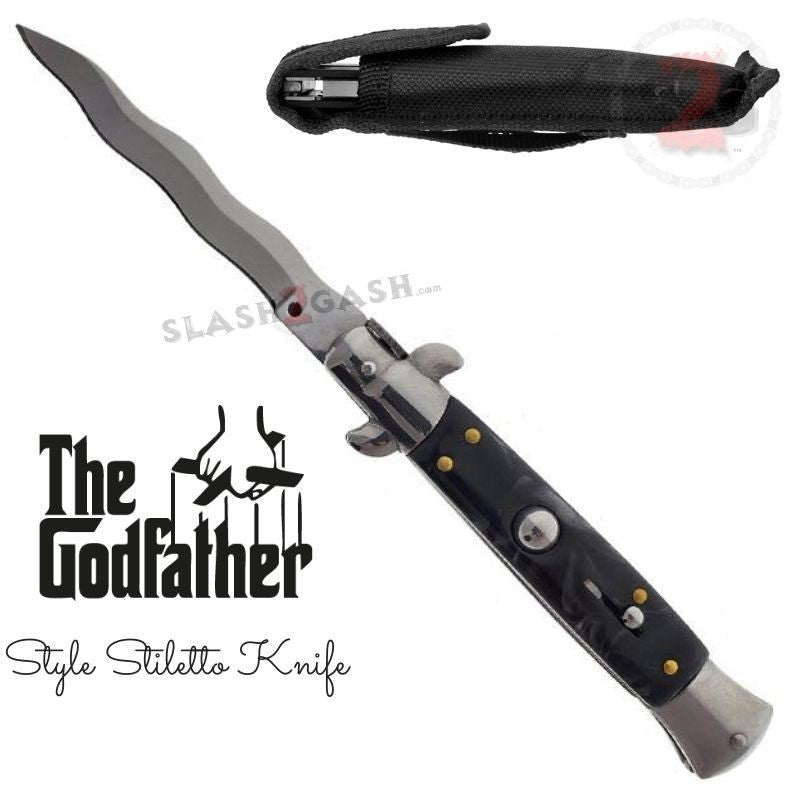 【中古】 Godfather in Black Abgott Godfather Black Automatic Knife, Satin Stiletto Blade