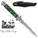 Italian Stiletto Automatic Knife KRISS Switchblade - Snake Blade Wavy, Marble Green Pearl Godfather