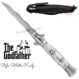 Italian Stiletto Automatic Knife KRISS Switchblade - Snake Blade Wavy, Marble White Pearl Godfather