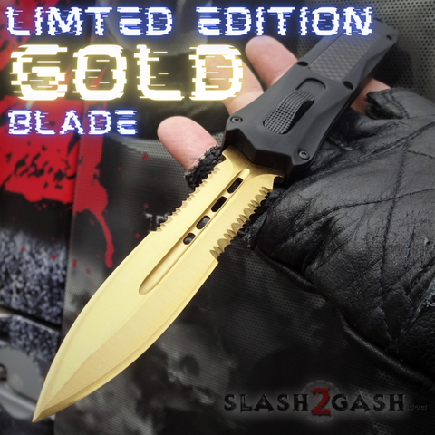Spartan OTF Knife Black w/ GOLD Serrated Blade Spear - Carbon Fiber S2G Tactical Switchblade Knives *Limited Edition* Automatic