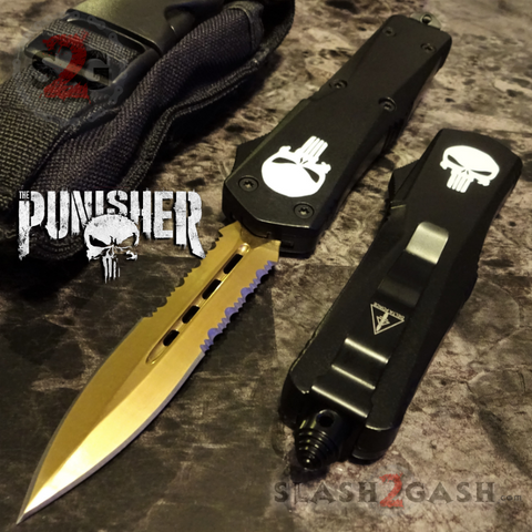 Golden Punisher OTF Knife D/A Skull Switchblade *Limited Edtition* Delta Force Automatic Knives - Serrated S2G slash2gash