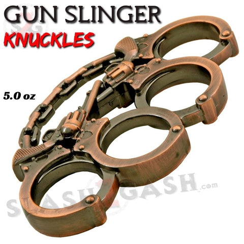 Revolver Pistol Knuckles Copper Gunslinger Belt Buckle Handcuffs Paper Weight w/ Chain Chrome