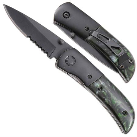Green Marble Hidden Release Dual Action Automatic Knife Serrated Small