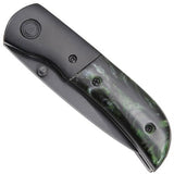 Green Marble Hidden Release Dual Action Automatic Knife Serrated Small