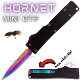 Double Edge Mini Out The Front Knife Rainbow Blade with Clip Small Automatic Key Chain Knives - Black Hornet