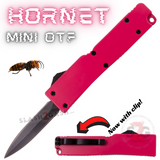 Double Edge Mini Out The Front Knife Black Blade with Clip Small Automatic Key Chain Knives - Hot Pink Hornet