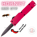 Double Edge Mini Out The Front Knife Black Blade with Clip Small Automatic Key Chain Knives - Hot Pink Hornet