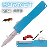 Double Edge Serrated Mini Out The Front Knife Satin Blade with Clip Small Automatic Key Chain Knives - Teal Hornet