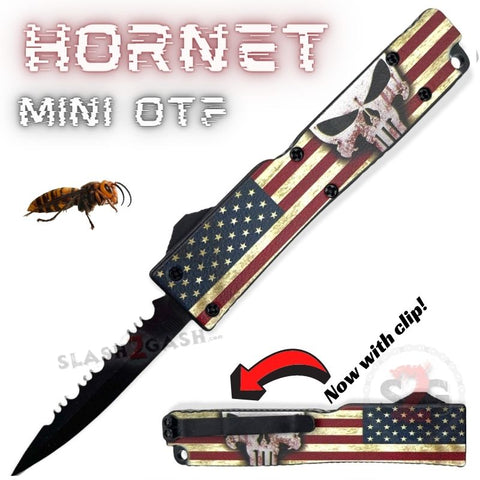 Keychain Mini OTF Knife Switchblade Dagger w/ Clip - Punisher Skull USA Flag Hornet