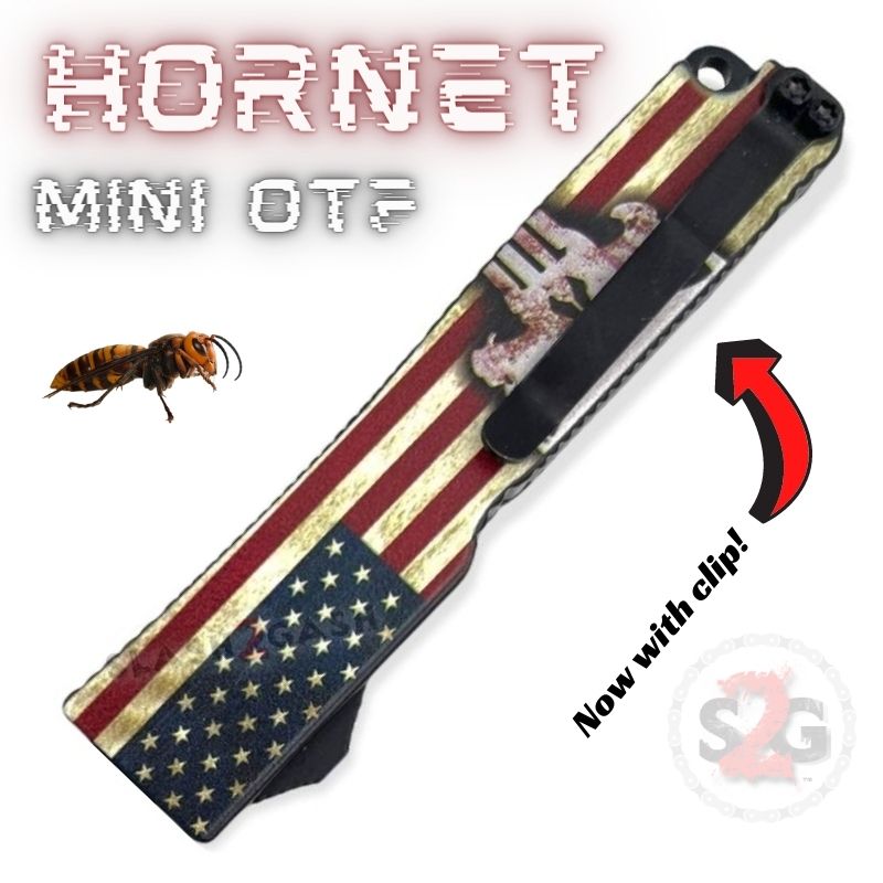 Keychain Mini OTF Knife Switchblade Dagger w/ Clip - Punisher Flag