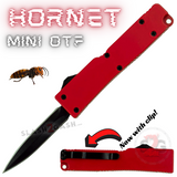 Double Edge Mini Out The Front Knife Black Blade with Clip Small Automatic Key Chain Knives - Red Hornet
