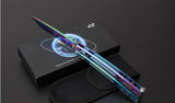 Tanto Butterfly Knife w/ Slight Curve Spring Latch 440C Mirror Finish - Rainbow Titanium