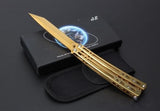 Tanto Butterfly Knife w/ Slight Curve Spring Latch 440C Mirror Finish - Gold